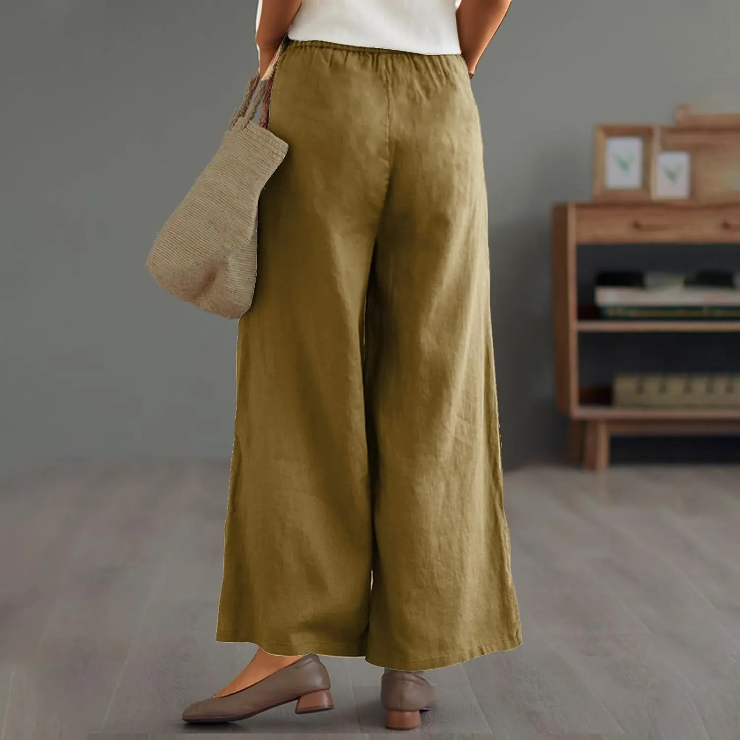 Cotton Linen Pants Women Trendy Elastic High Waist Wide Leg Pants Baggy Casual Lightweight Comfy Trousers with Pocket