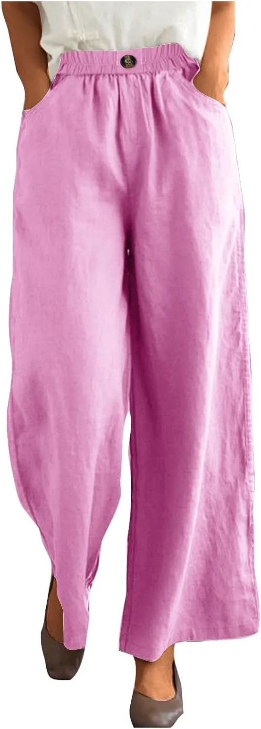 Cotton Linen Pants Women Trendy Elastic High Waist Wide Leg Pants Baggy Casual Lightweight Comfy Trousers with Pocket