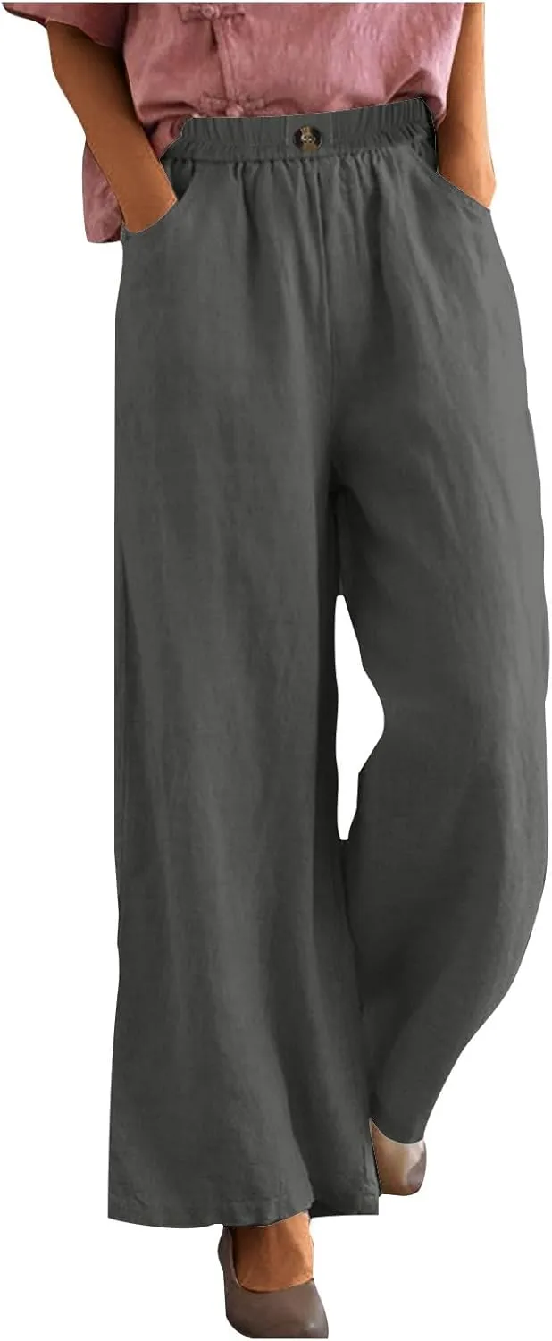 Cotton Linen Pants Women Trendy Elastic High Waist Wide Leg Pants Baggy Casual Lightweight Comfy Trousers with Pocket