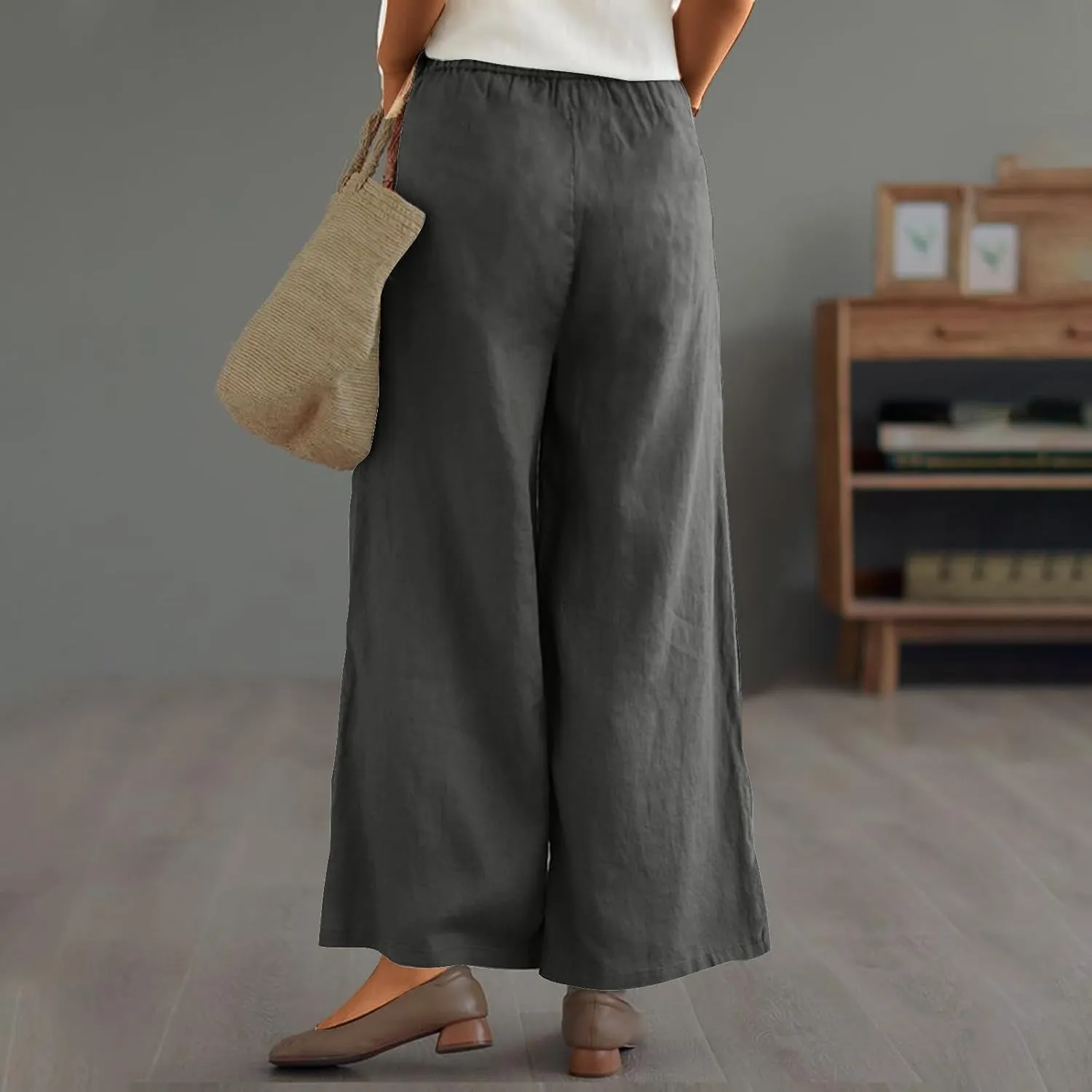 Cotton Linen Pants Women Trendy Elastic High Waist Wide Leg Pants Baggy Casual Lightweight Comfy Trousers with Pocket