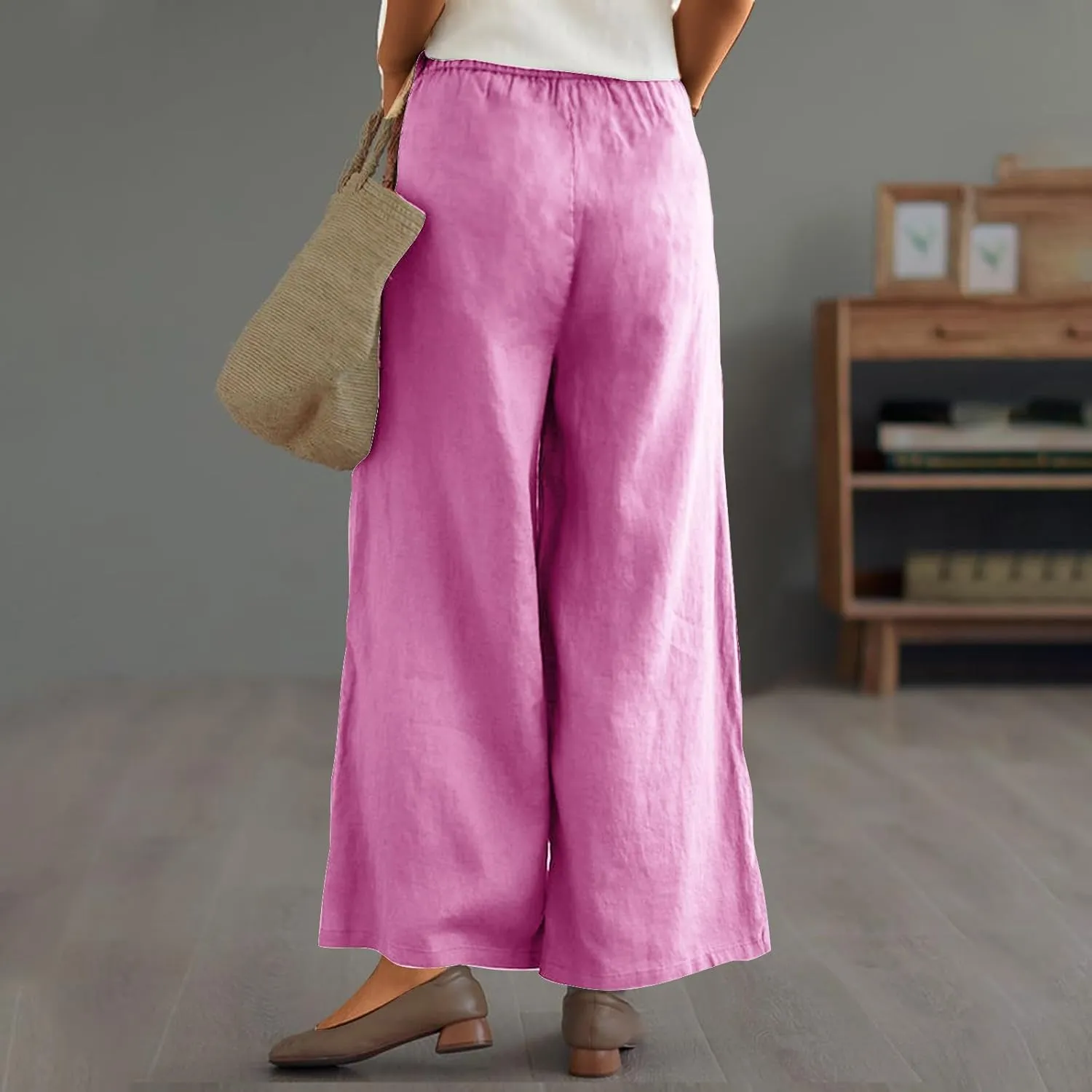 Cotton Linen Pants Women Trendy Elastic High Waist Wide Leg Pants Baggy Casual Lightweight Comfy Trousers with Pocket