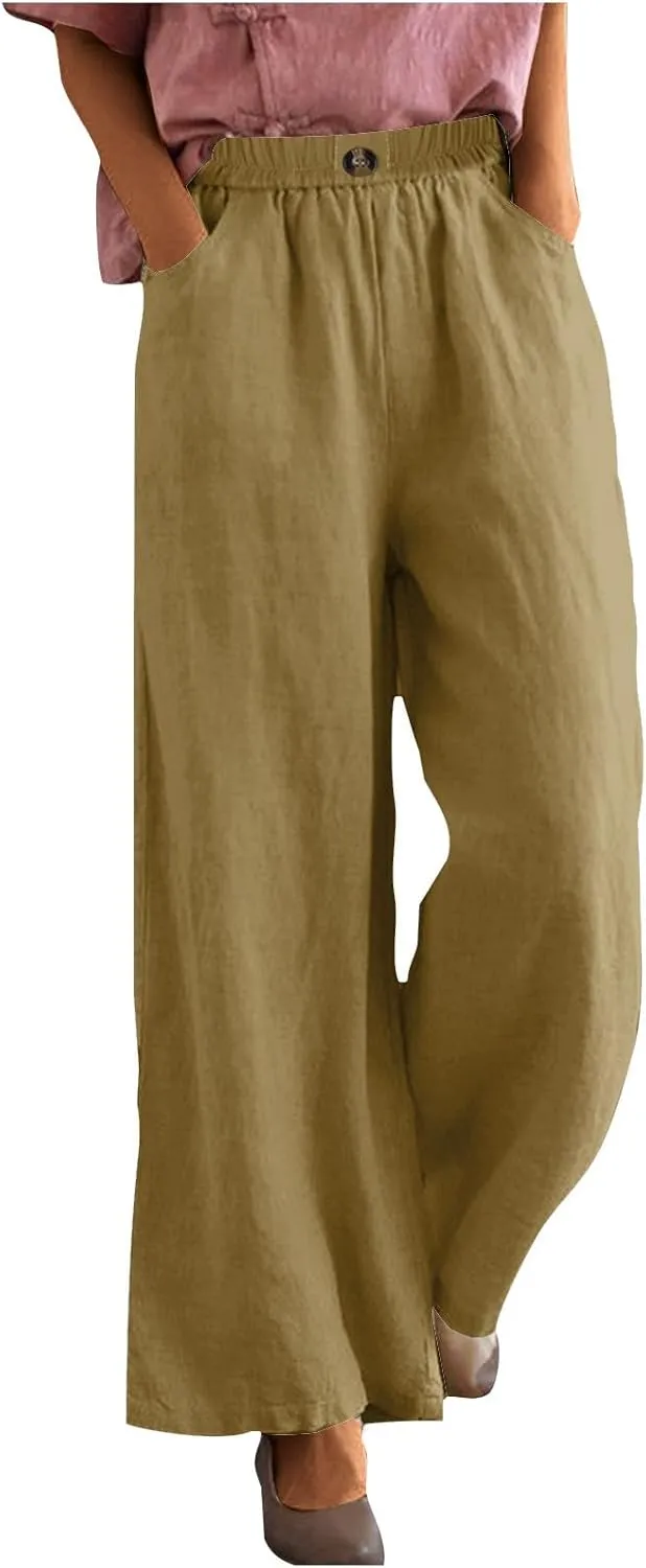 Cotton Linen Pants Women Trendy Elastic High Waist Wide Leg Pants Baggy Casual Lightweight Comfy Trousers with Pocket