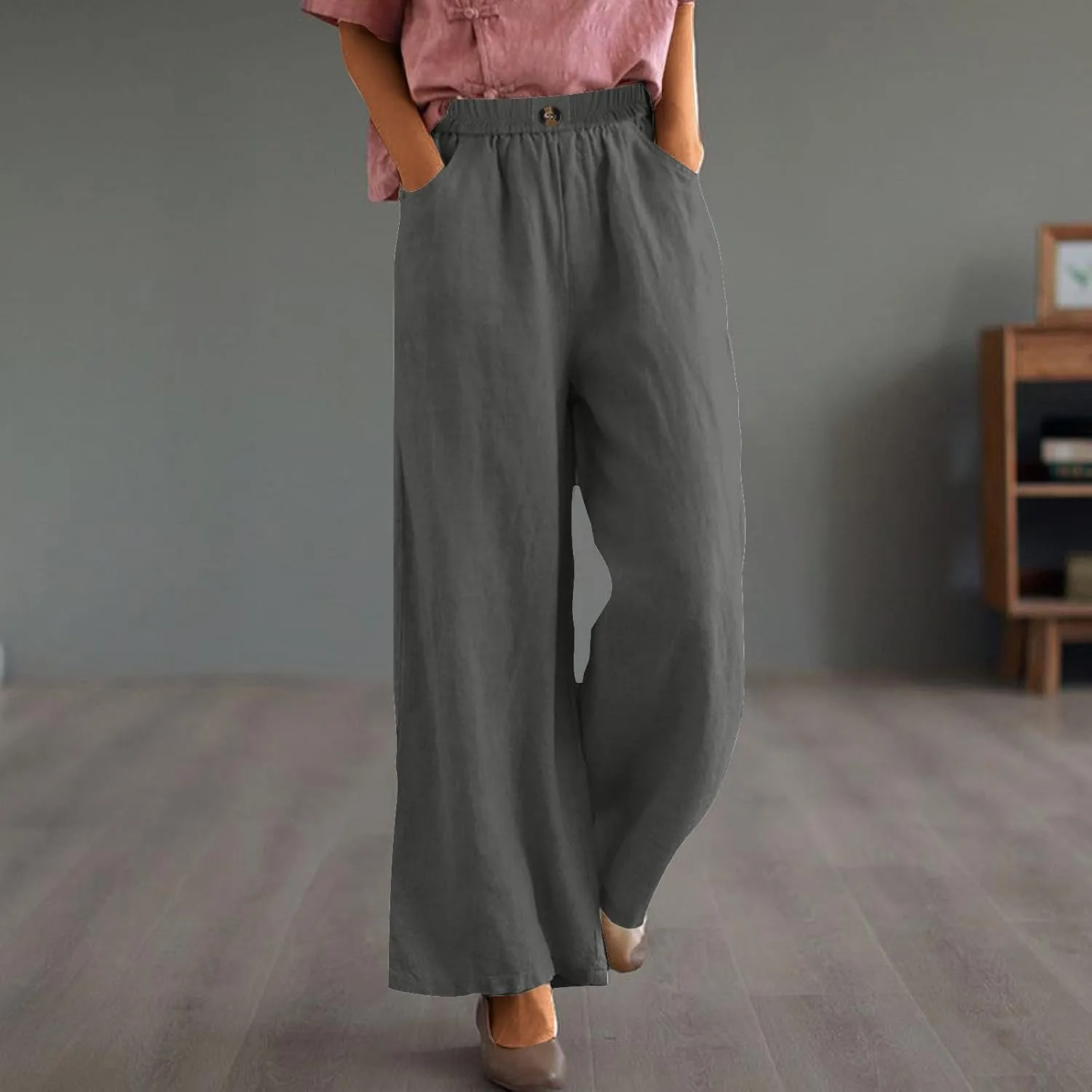 Cotton Linen Pants Women Trendy Elastic High Waist Wide Leg Pants Baggy Casual Lightweight Comfy Trousers with Pocket