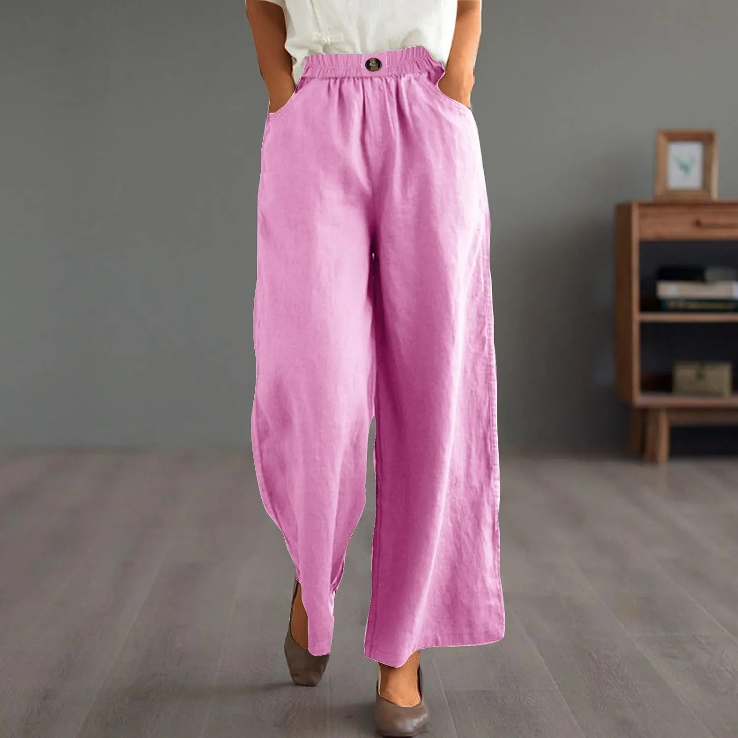 Cotton Linen Pants Women Trendy Elastic High Waist Wide Leg Pants Baggy Casual Lightweight Comfy Trousers with Pocket