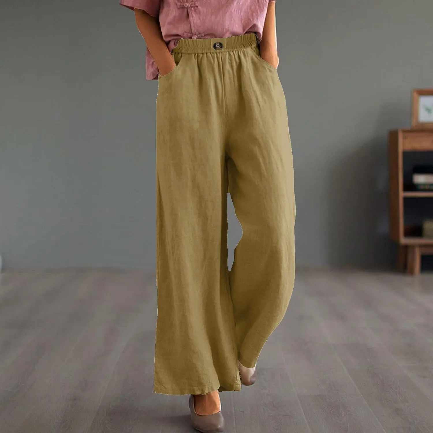 Cotton Linen Pants Women Trendy Elastic High Waist Wide Leg Pants Baggy Casual Lightweight Comfy Trousers with Pocket