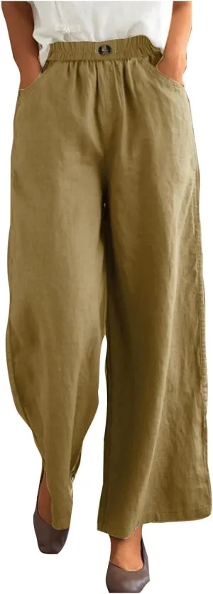 Cotton Linen Pants Women Trendy Elastic High Waist Wide Leg Pants Baggy Casual Lightweight Comfy Trousers with Pocket