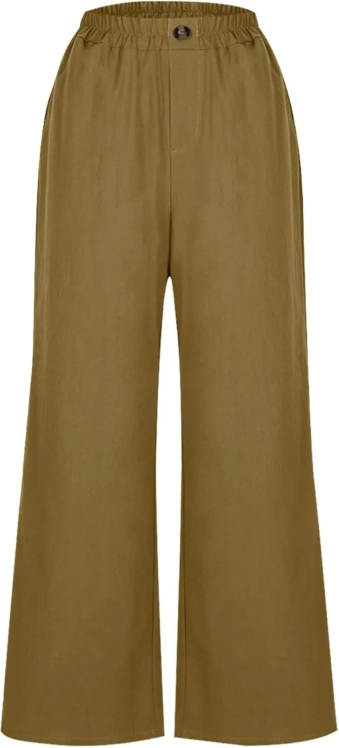 Cotton Linen Pants Women Trendy Elastic High Waist Wide Leg Pants Baggy Casual Lightweight Comfy Trousers with Pocket