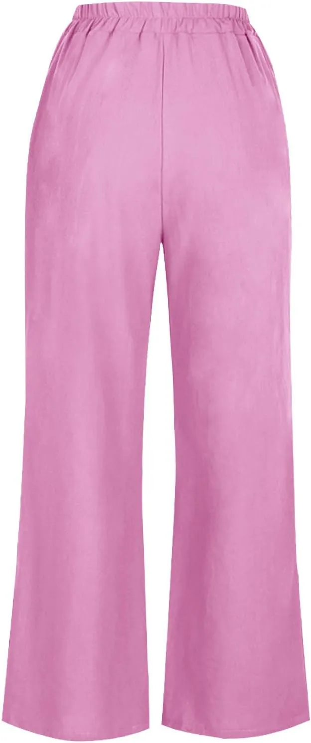 Cotton Linen Pants Women Trendy Elastic High Waist Wide Leg Pants Baggy Casual Lightweight Comfy Trousers with Pocket