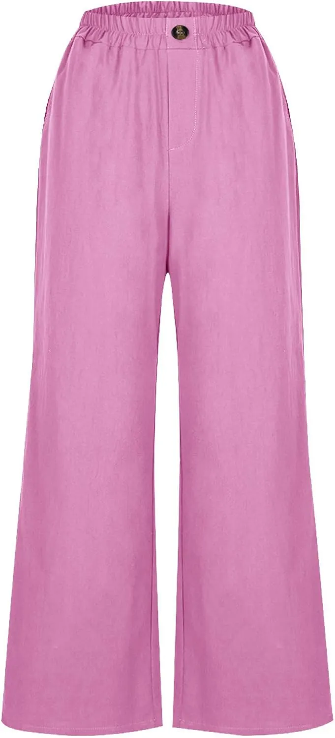 Cotton Linen Pants Women Trendy Elastic High Waist Wide Leg Pants Baggy Casual Lightweight Comfy Trousers with Pocket
