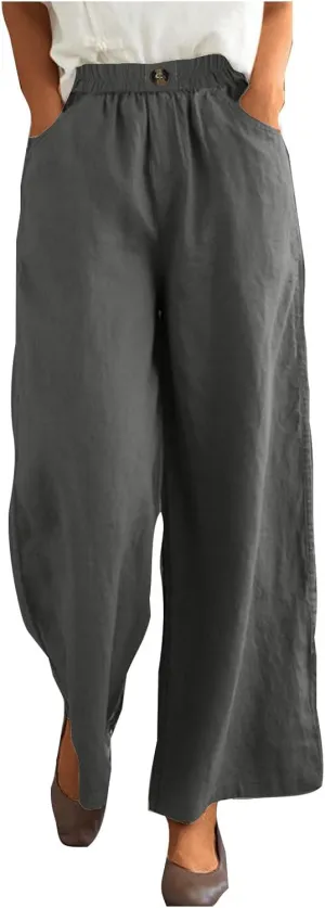 Cotton Linen Pants Women Trendy Elastic High Waist Wide Leg Pants Baggy Casual Lightweight Comfy Trousers with Pocket