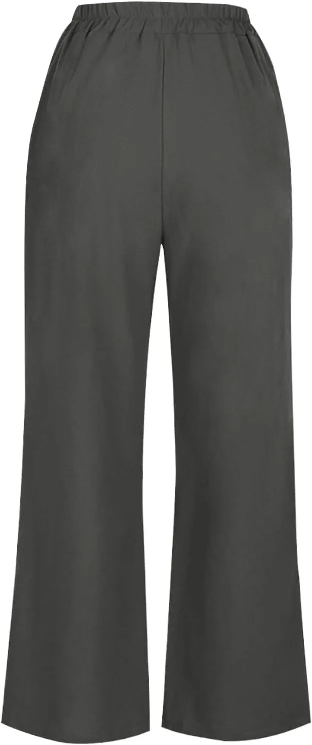 Cotton Linen Pants Women Trendy Elastic High Waist Wide Leg Pants Baggy Casual Lightweight Comfy Trousers with Pocket