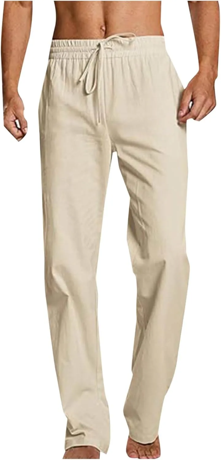 Cotton Linen Trousers for Men Trendy Elastic Drawstring Waist Pants Solid Casual Pant Summer Beach Vacation Clothing