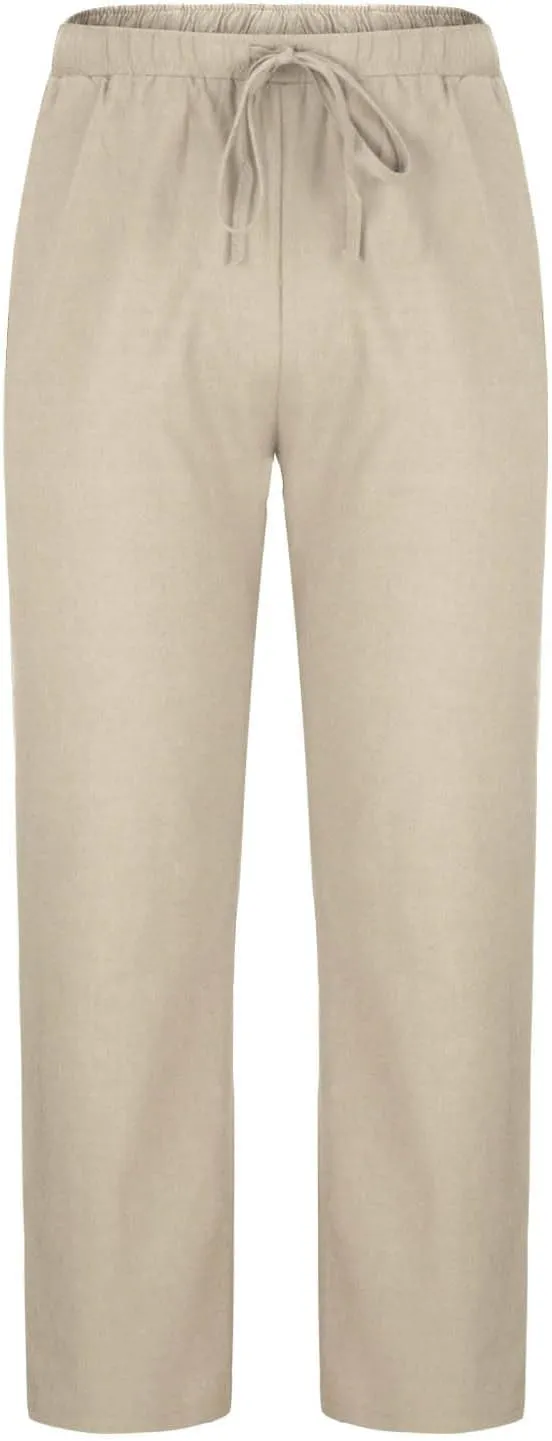 Cotton Linen Trousers for Men Trendy Elastic Drawstring Waist Pants Solid Casual Pant Summer Beach Vacation Clothing