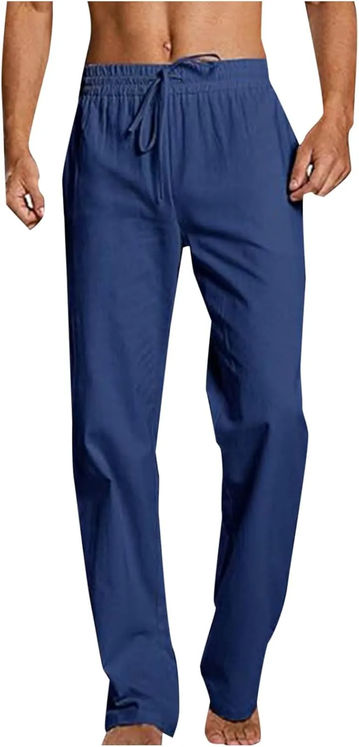 Cotton Linen Trousers for Men Trendy Elastic Drawstring Waist Pants Solid Casual Pant Summer Beach Vacation Clothing