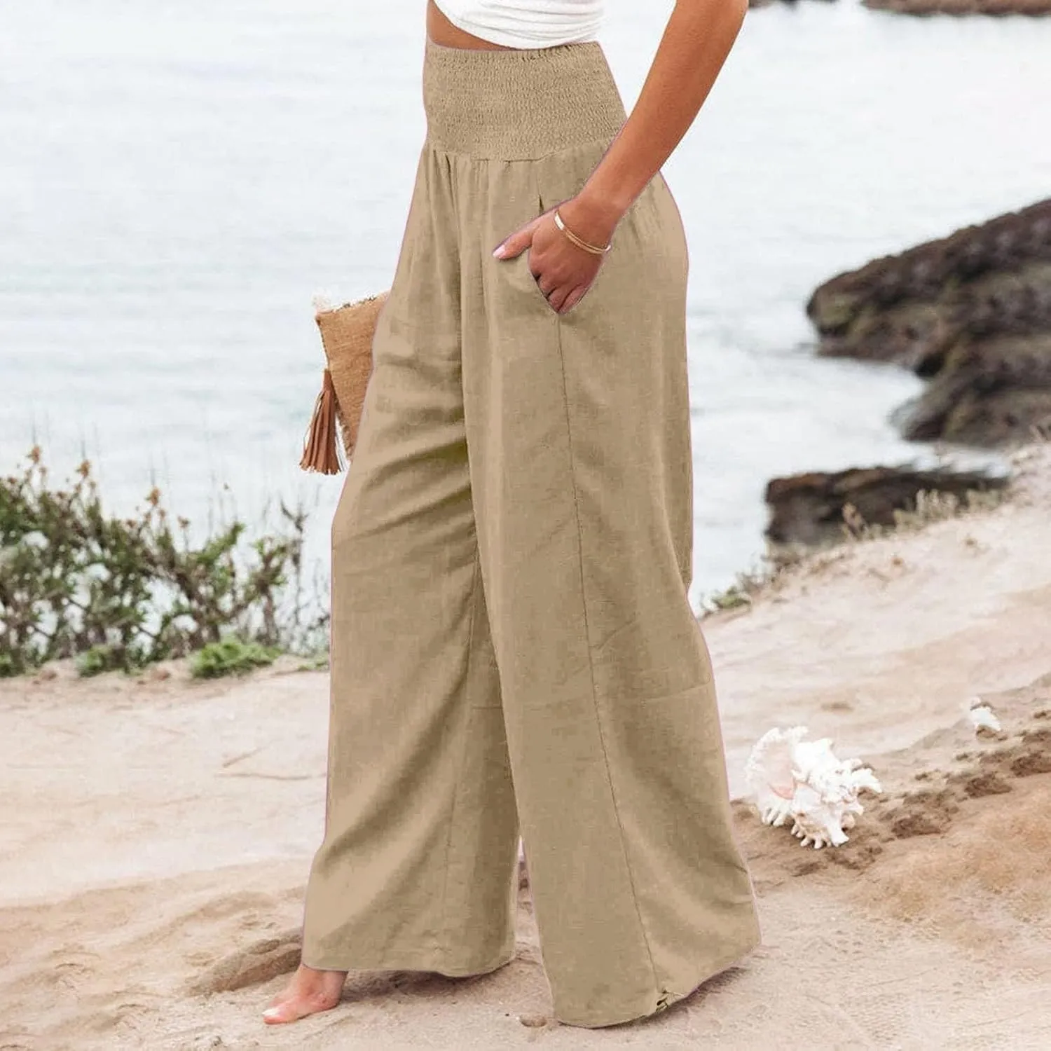 Cotton Palazzo Pants for Women Elastic Waist Drawstring Lightweight Slacks Loose Fit Flowy Wide Leg Lounge Pants with Pockets
