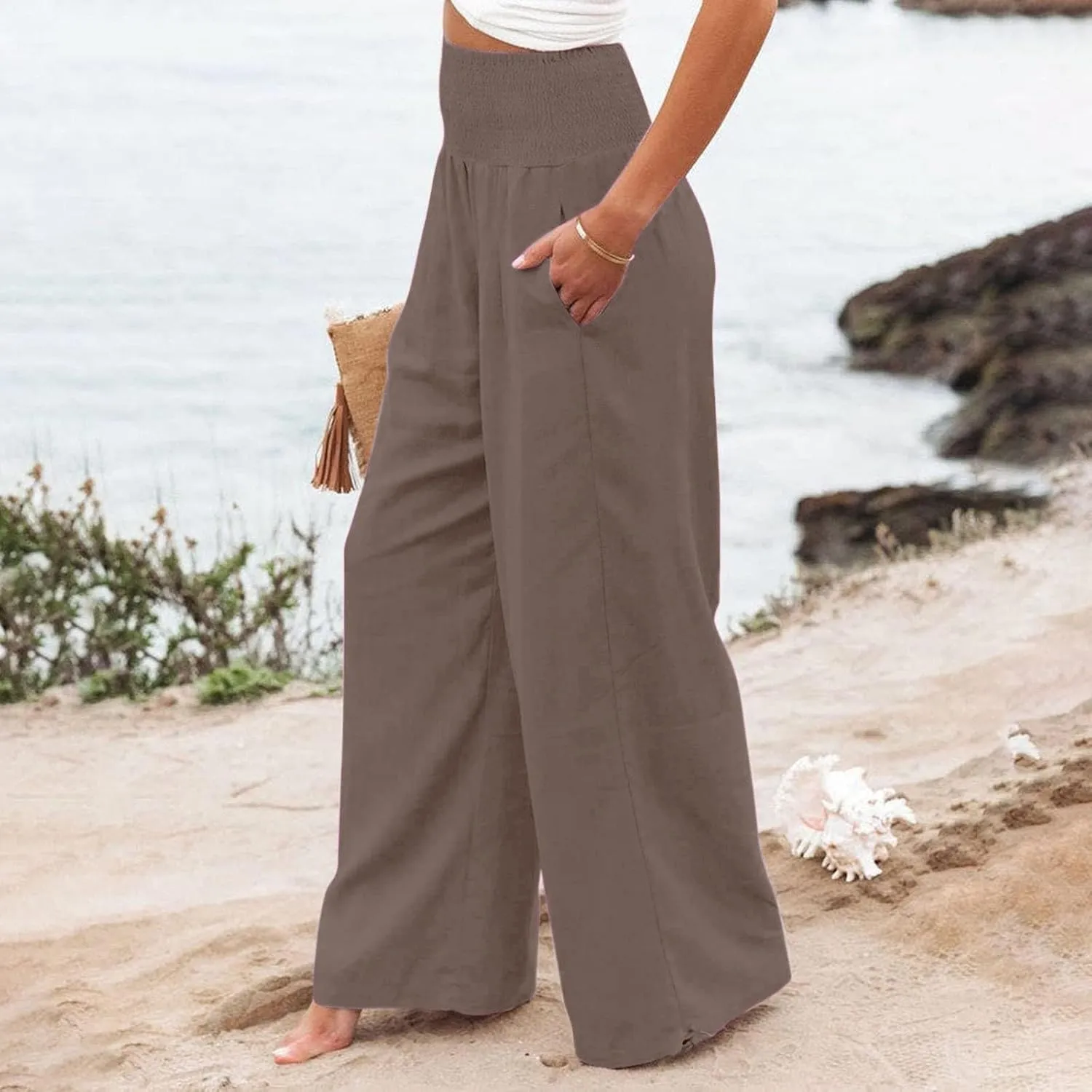 Cotton Palazzo Pants for Women Elastic Waist Drawstring Lightweight Slacks Loose Fit Flowy Wide Leg Lounge Pants with Pockets