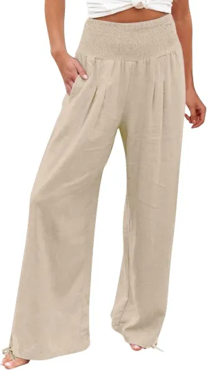 Cotton Palazzo Pants for Women Elastic Waist Drawstring Lightweight Slacks Loose Fit Flowy Wide Leg Lounge Pants with Pockets