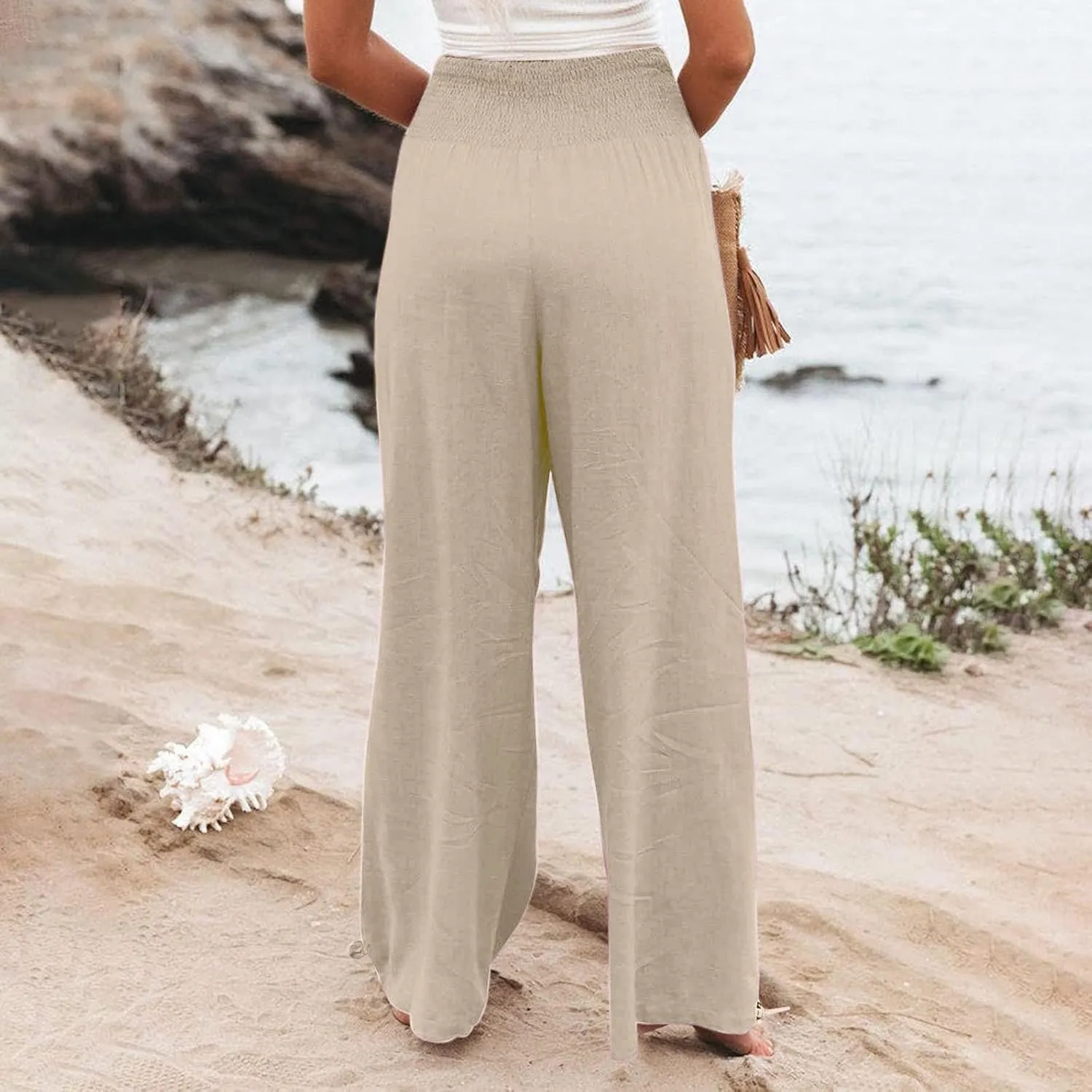 Cotton Palazzo Pants for Women Elastic Waist Drawstring Lightweight Slacks Loose Fit Flowy Wide Leg Lounge Pants with Pockets