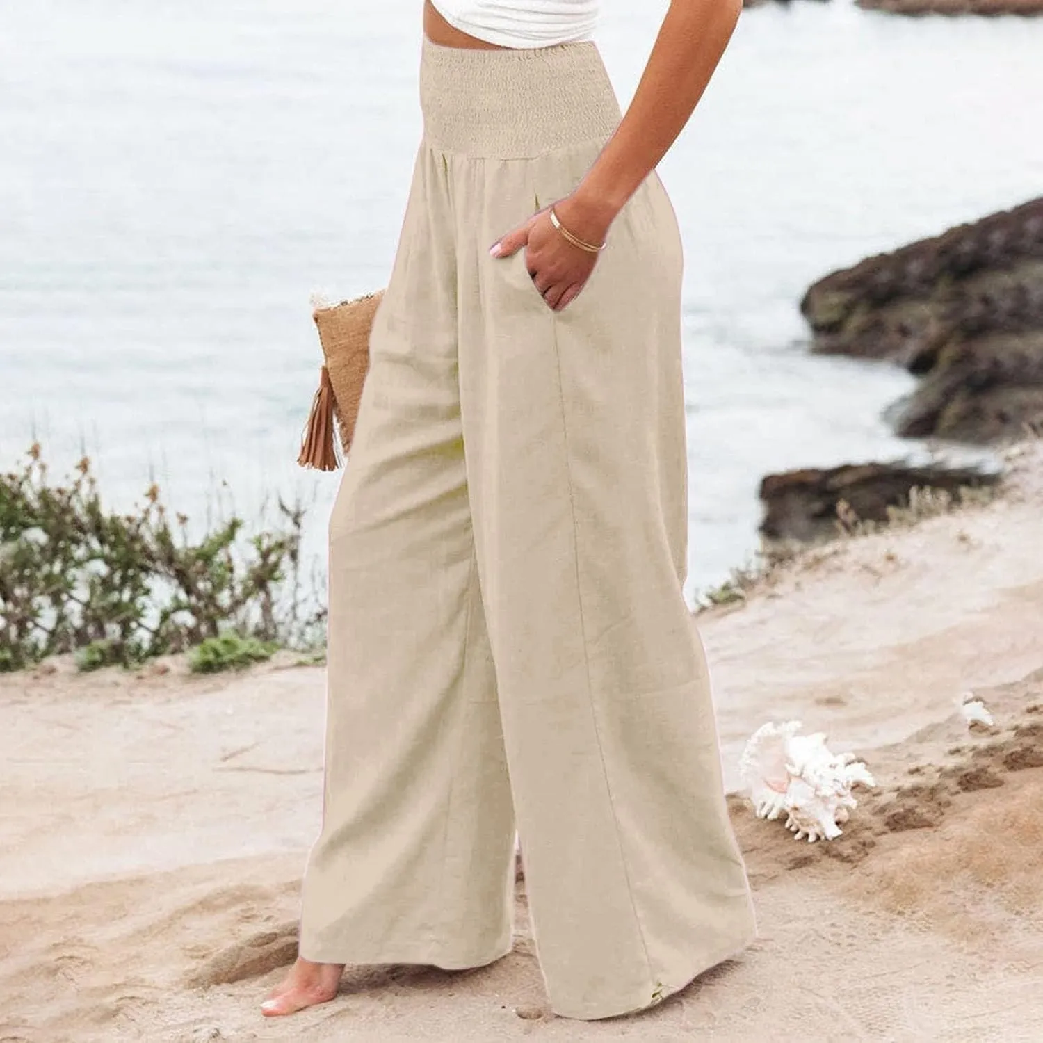Cotton Palazzo Pants for Women Elastic Waist Drawstring Lightweight Slacks Loose Fit Flowy Wide Leg Lounge Pants with Pockets