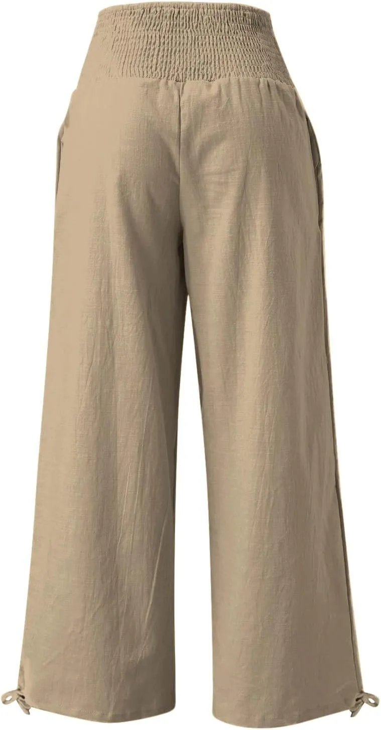 Cotton Palazzo Pants for Women Elastic Waist Drawstring Lightweight Slacks Loose Fit Flowy Wide Leg Lounge Pants with Pockets