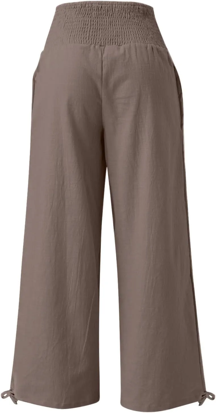 Cotton Palazzo Pants for Women Elastic Waist Drawstring Lightweight Slacks Loose Fit Flowy Wide Leg Lounge Pants with Pockets