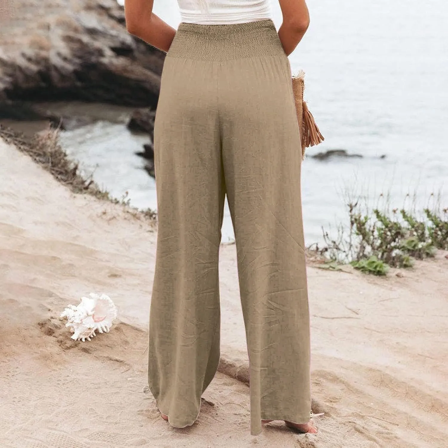Cotton Palazzo Pants for Women Elastic Waist Drawstring Lightweight Slacks Loose Fit Flowy Wide Leg Lounge Pants with Pockets