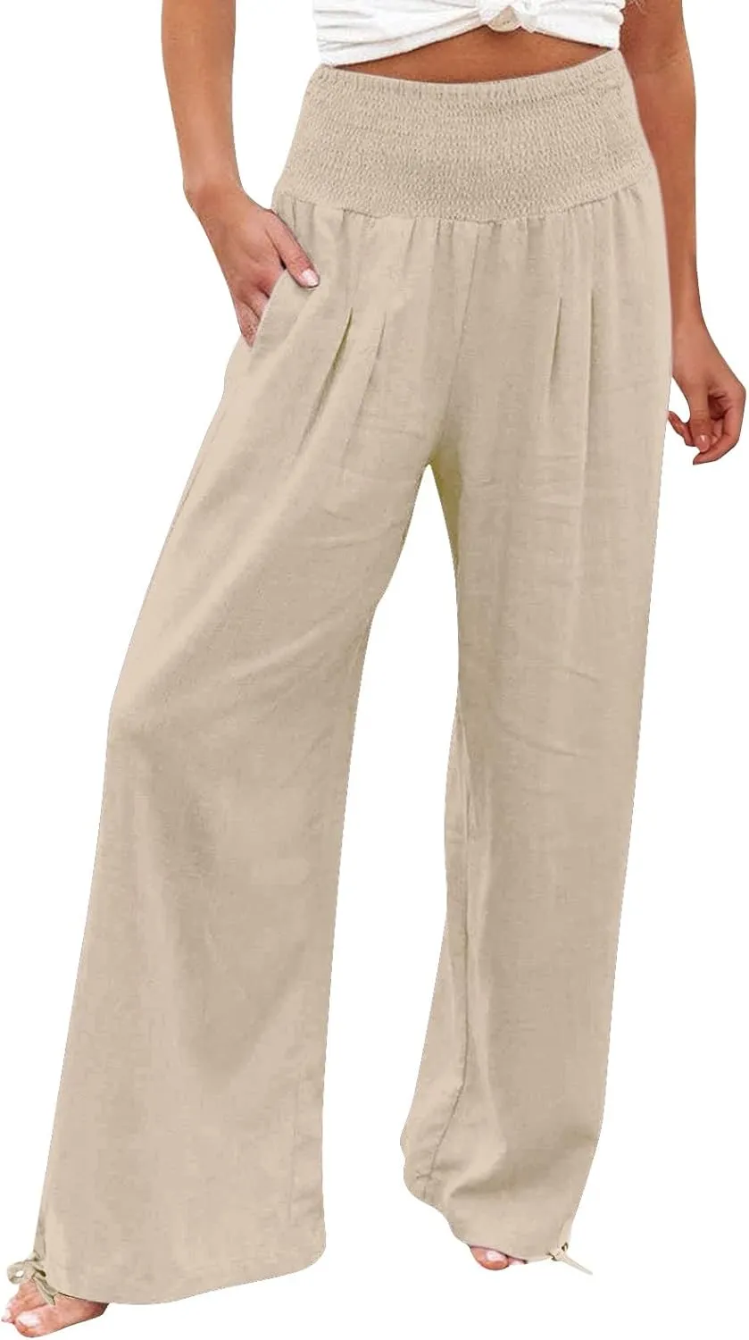 Cotton Palazzo Pants for Women Elastic Waist Drawstring Lightweight Slacks Loose Fit Flowy Wide Leg Lounge Pants with Pockets