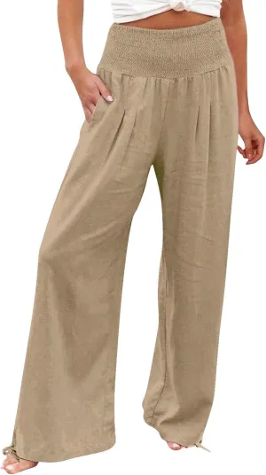 Cotton Palazzo Pants for Women Elastic Waist Drawstring Lightweight Slacks Loose Fit Flowy Wide Leg Lounge Pants with Pockets