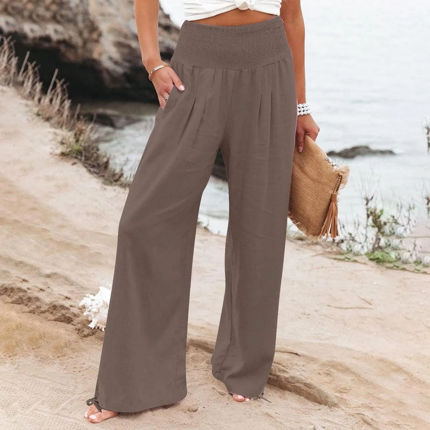 Cotton Palazzo Pants for Women Elastic Waist Drawstring Lightweight Slacks Loose Fit Flowy Wide Leg Lounge Pants with Pockets
