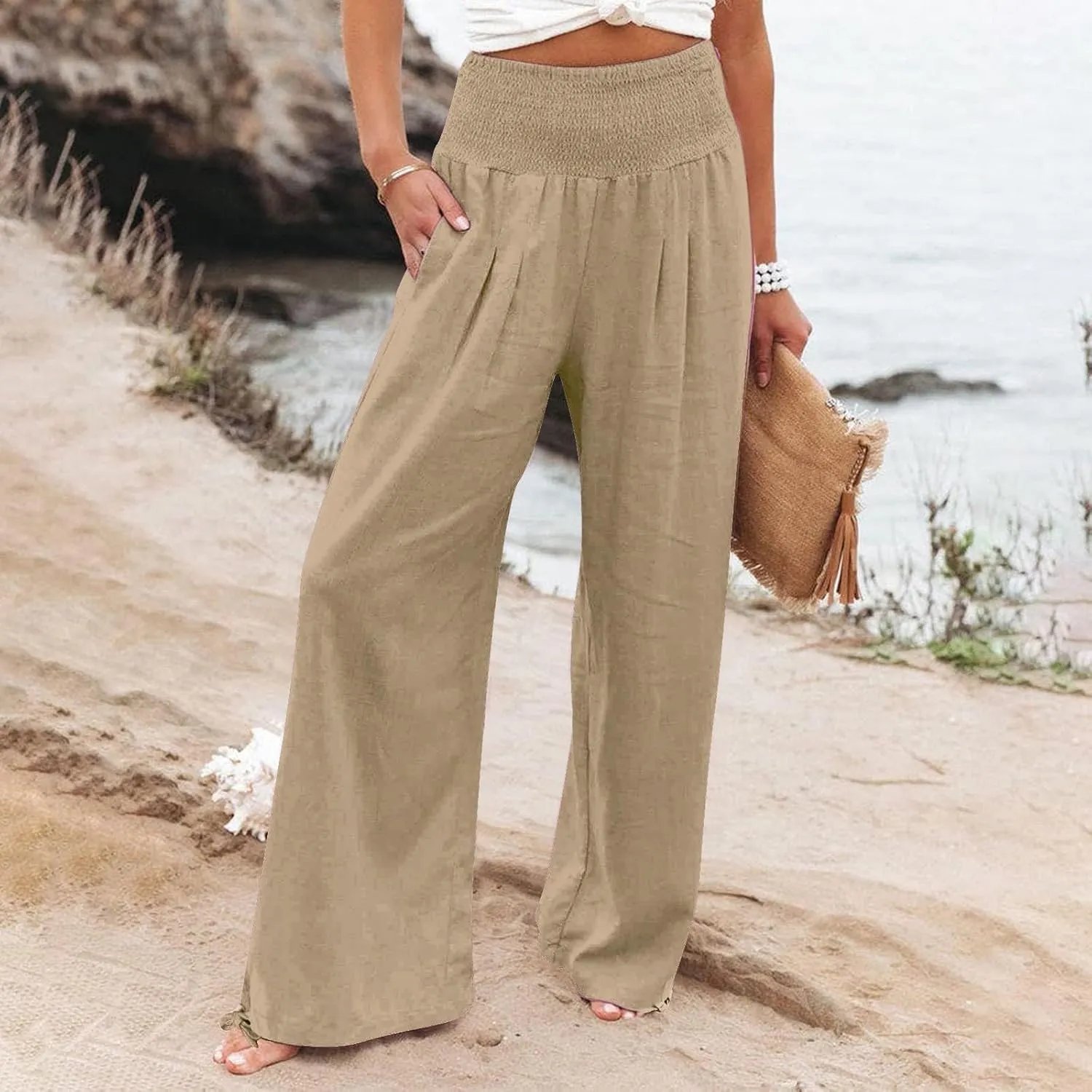 Cotton Palazzo Pants for Women Elastic Waist Drawstring Lightweight Slacks Loose Fit Flowy Wide Leg Lounge Pants with Pockets
