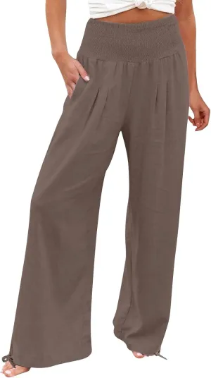 Cotton Palazzo Pants for Women Elastic Waist Drawstring Lightweight Slacks Loose Fit Flowy Wide Leg Lounge Pants with Pockets