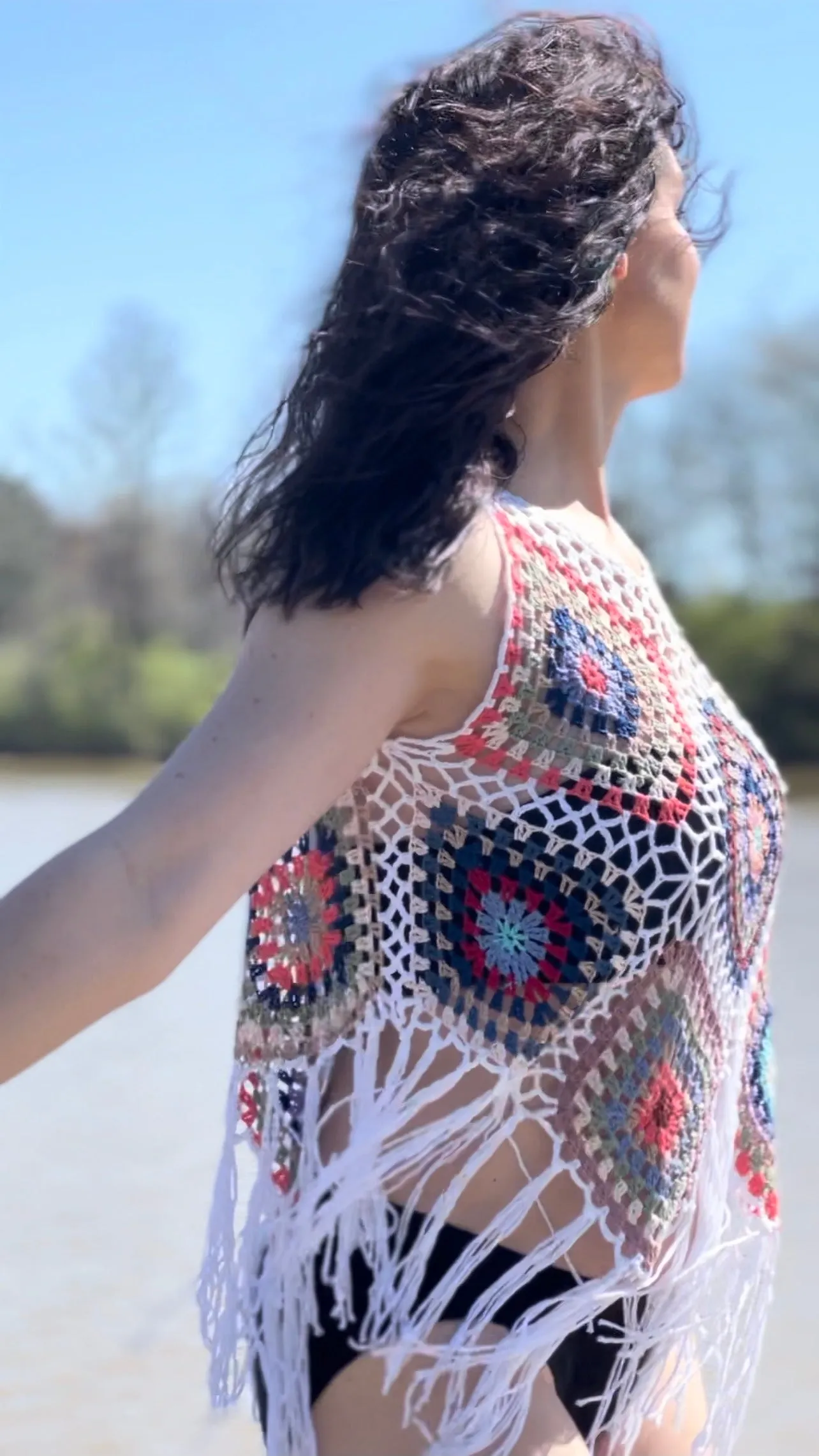 Crochet Fringe Vest  (White)