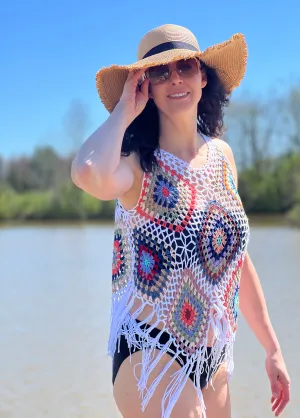 Crochet Fringe Vest  (White)