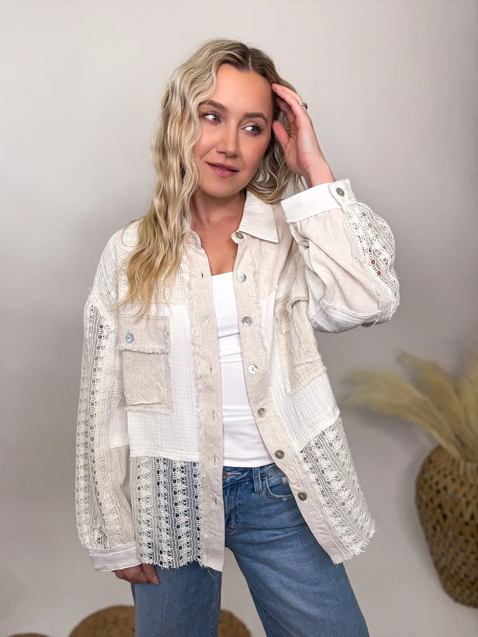 Crochet Linen Lightweight Button-Up Long Sleeve Top