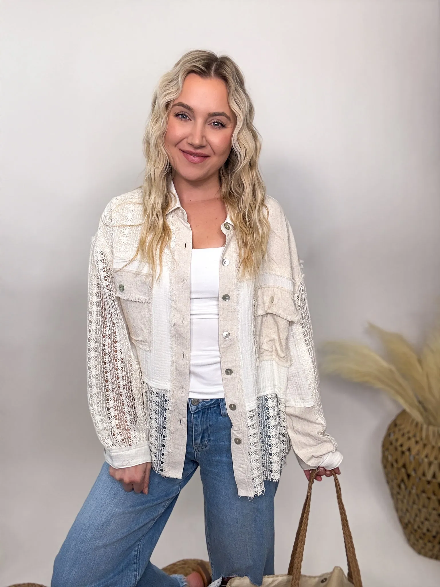 Crochet Linen Lightweight Button-Up Long Sleeve Top