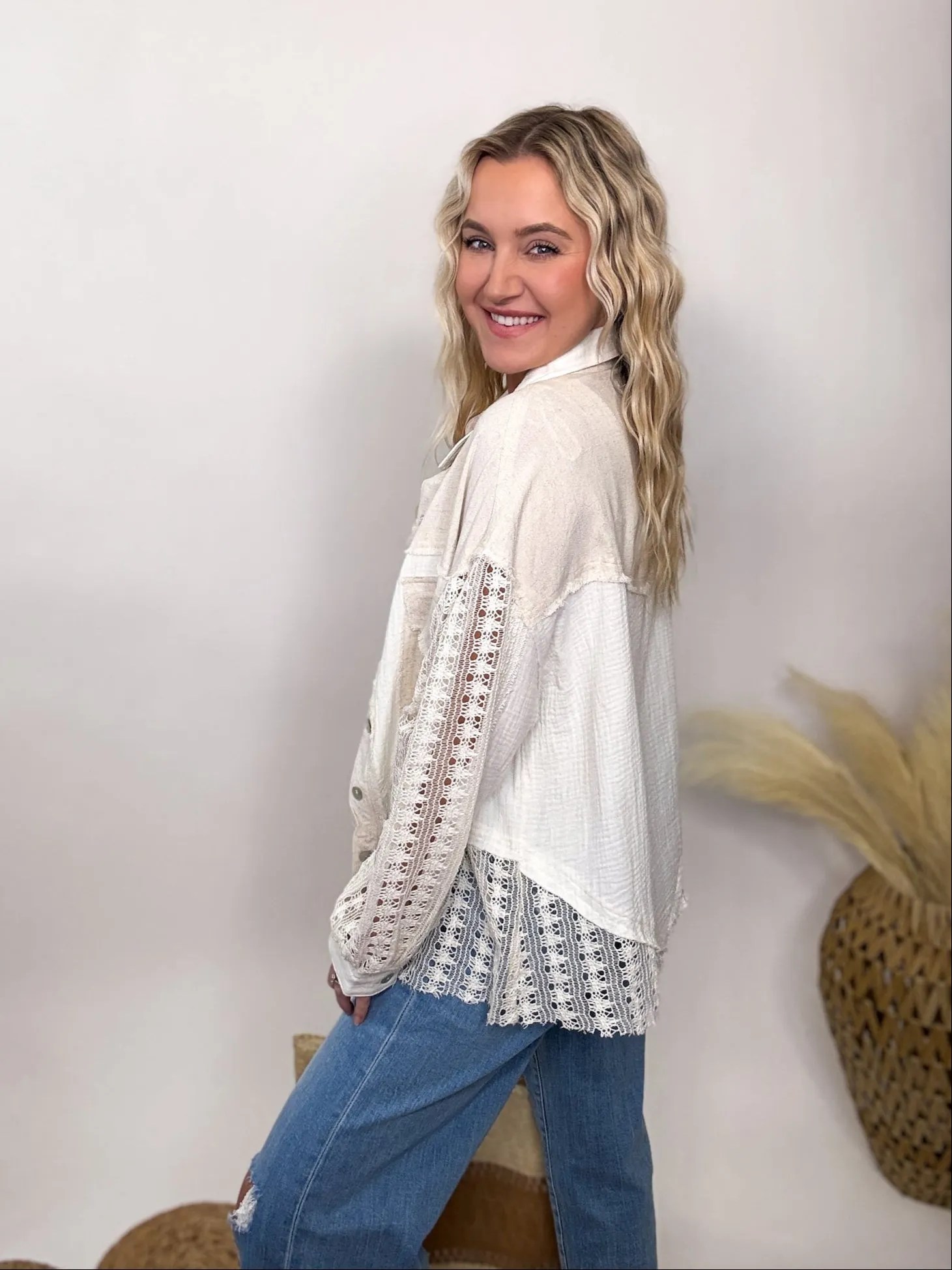 Crochet Linen Lightweight Button-Up Long Sleeve Top