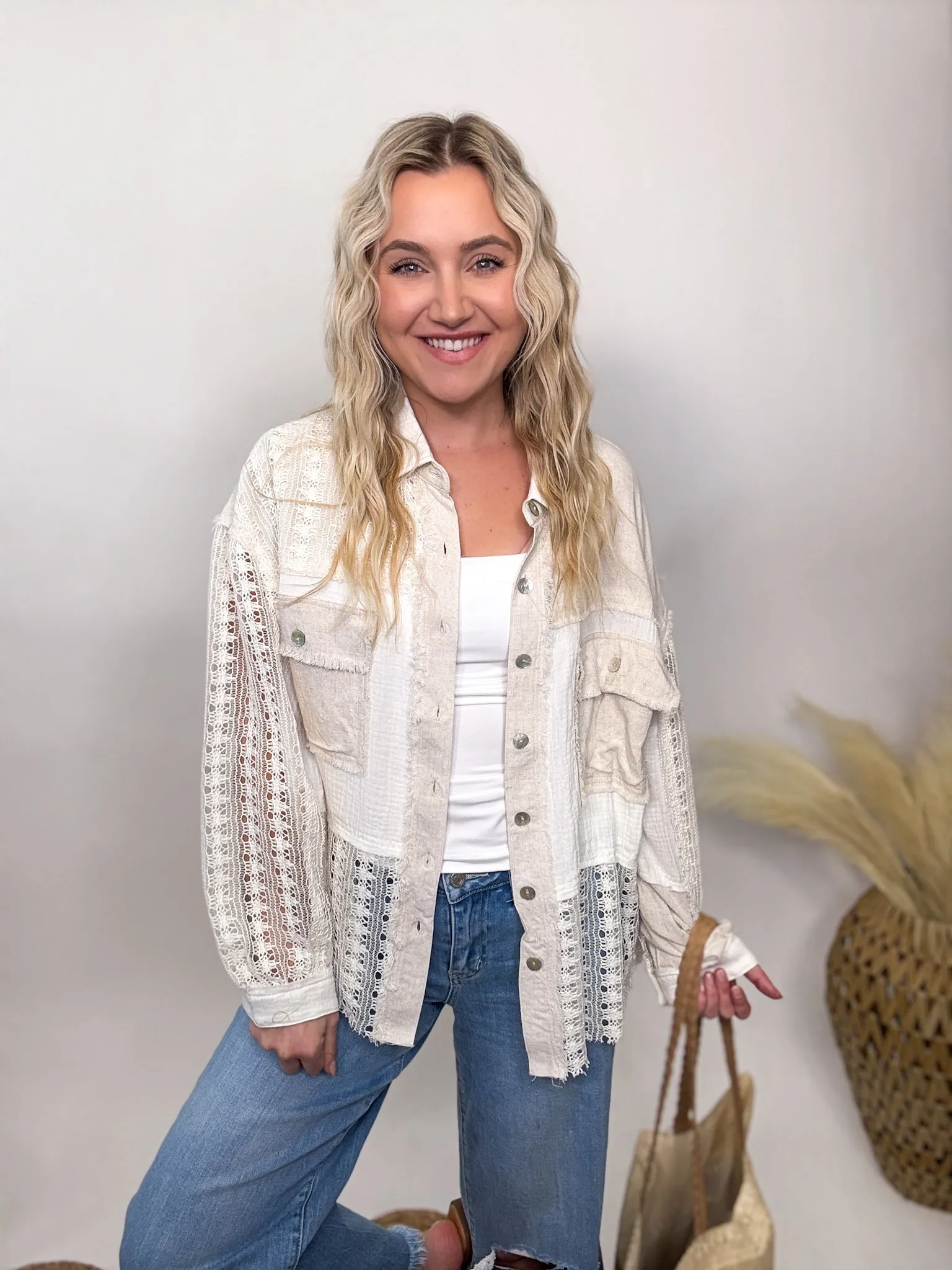 Crochet Linen Lightweight Button-Up Long Sleeve Top