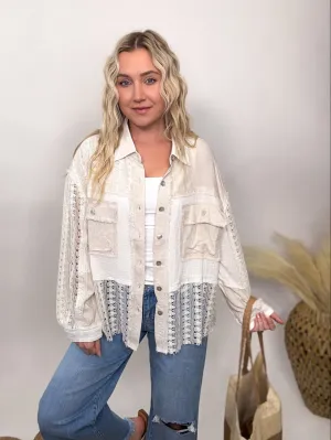 Crochet Linen Lightweight Button-Up Long Sleeve Top