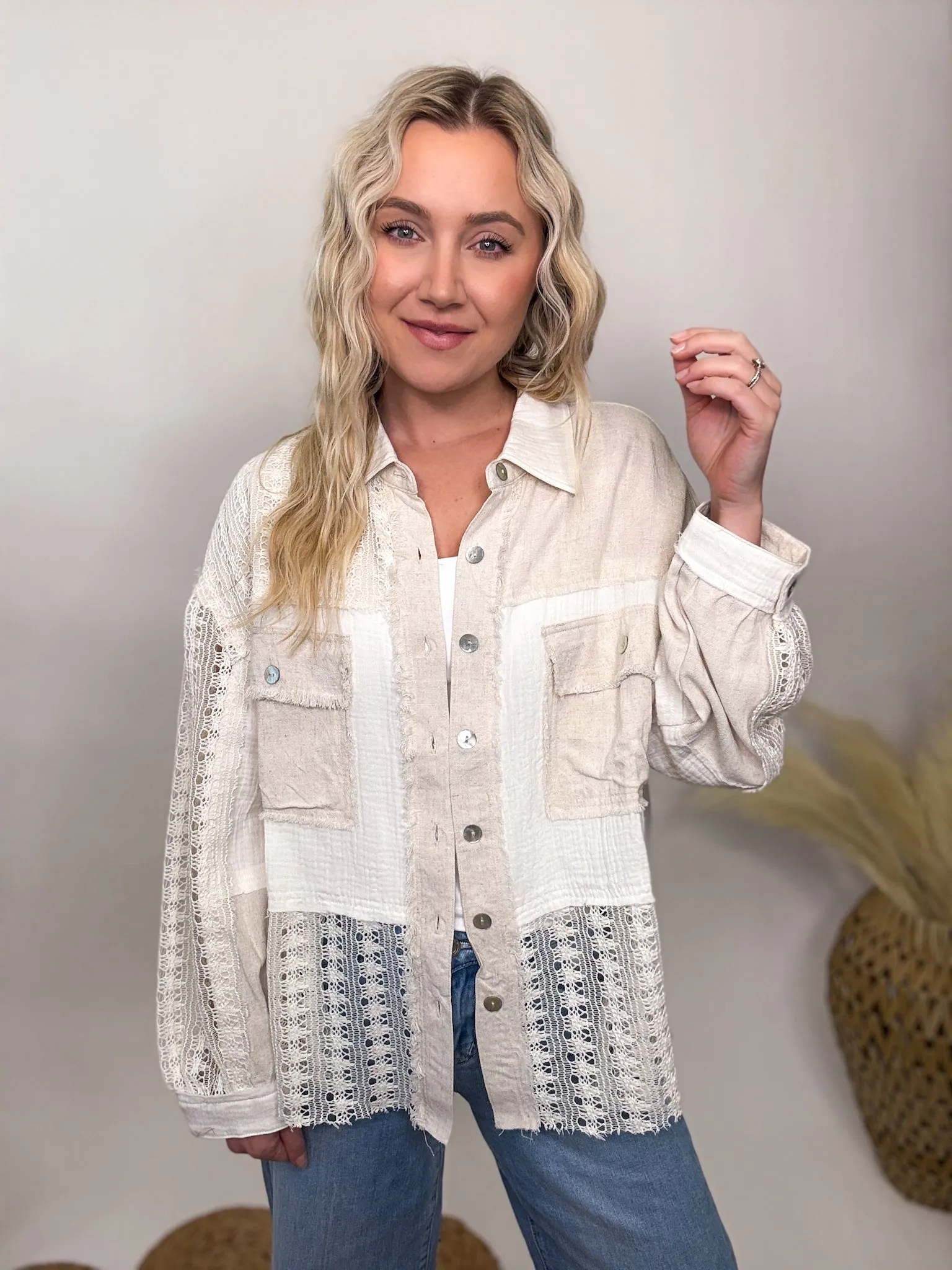 Crochet Linen Lightweight Button-Up Long Sleeve Top
