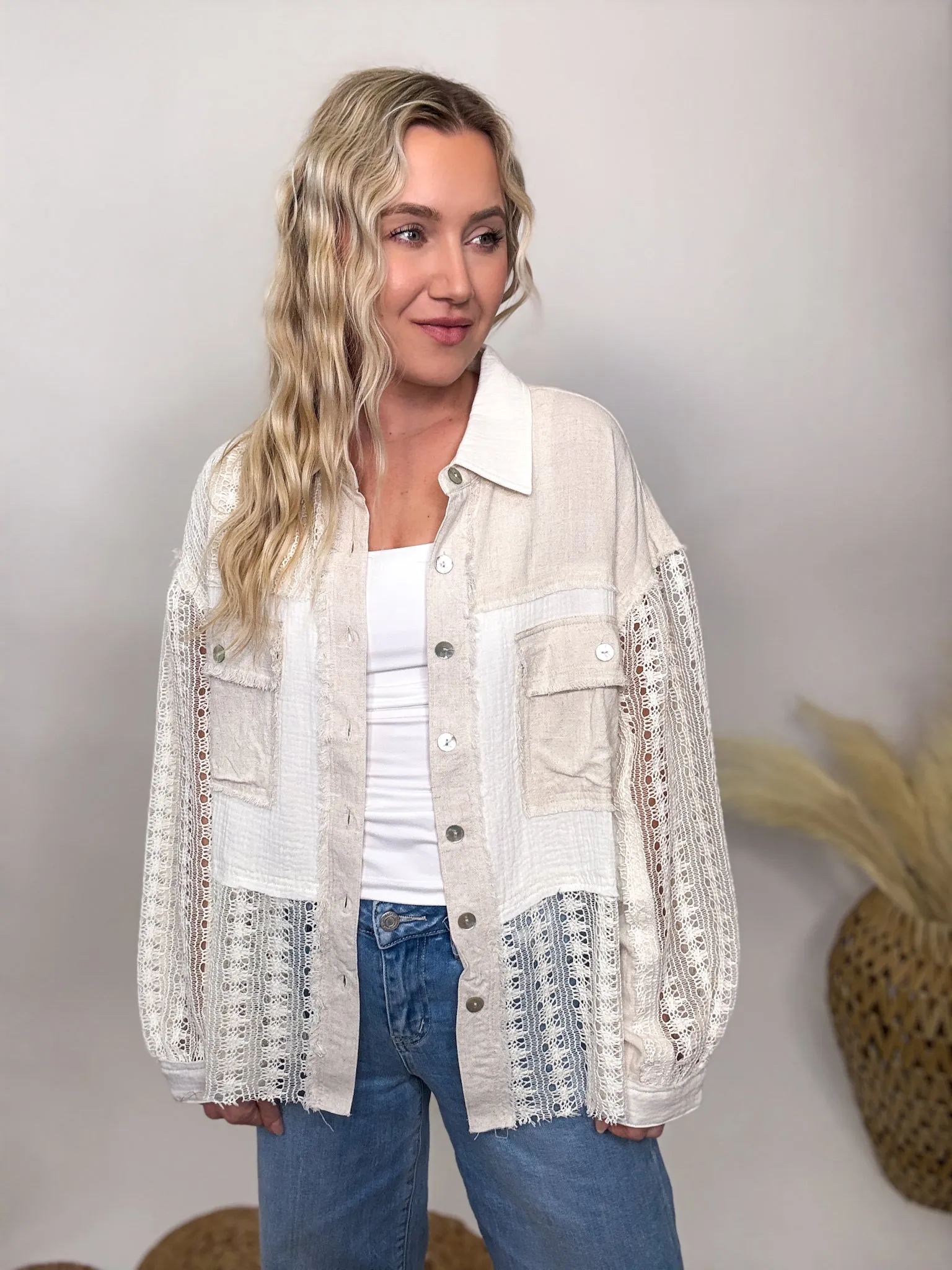 Crochet Linen Lightweight Button-Up Long Sleeve Top