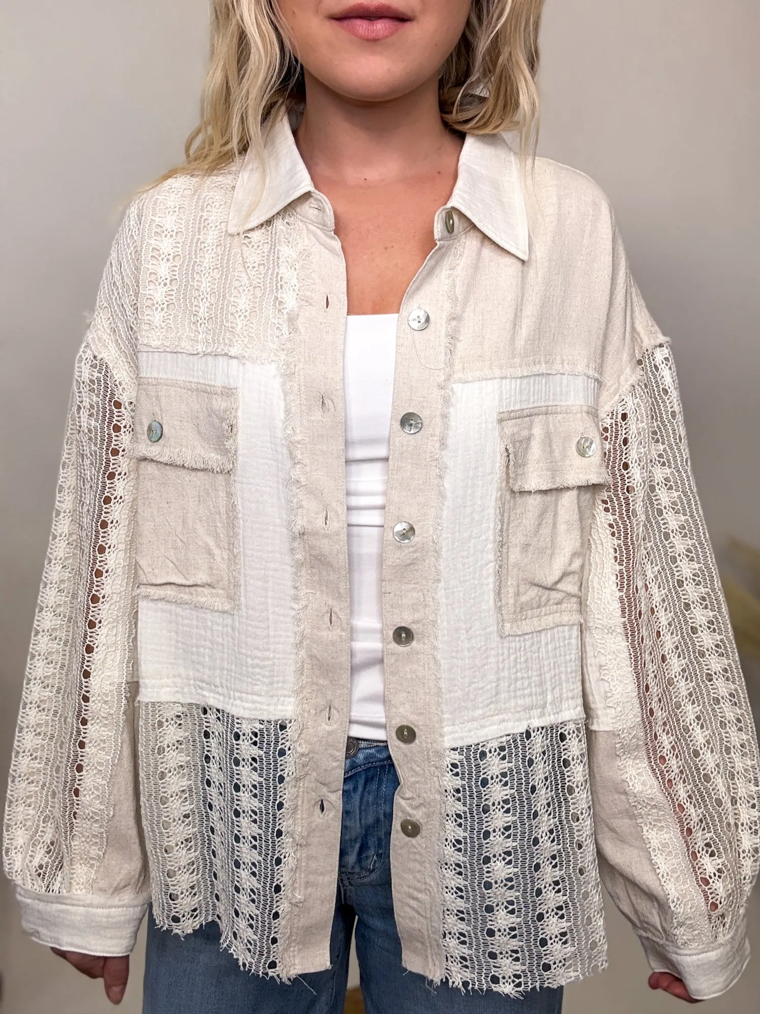 Crochet Linen Lightweight Button-Up Long Sleeve Top