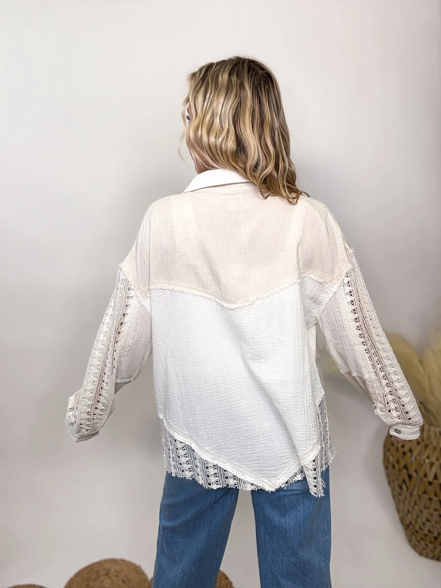 Crochet Linen Lightweight Button-Up Long Sleeve Top