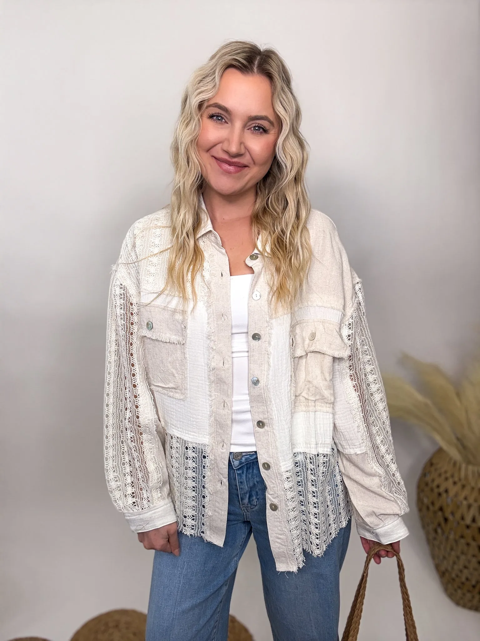 Crochet Linen Lightweight Button-Up Long Sleeve Top
