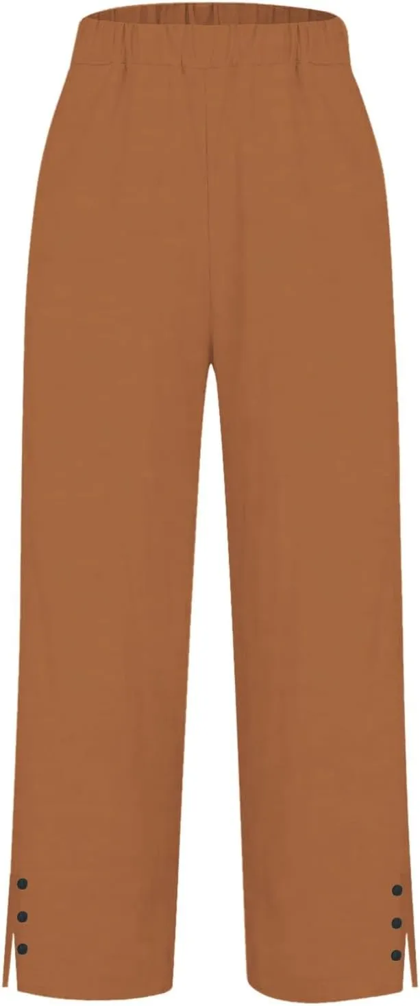 Cropped Linen Pants Women Summer Elastic Waist Straight Leg Plus Size Crop Pants Casual Beach Trousers with Pockets