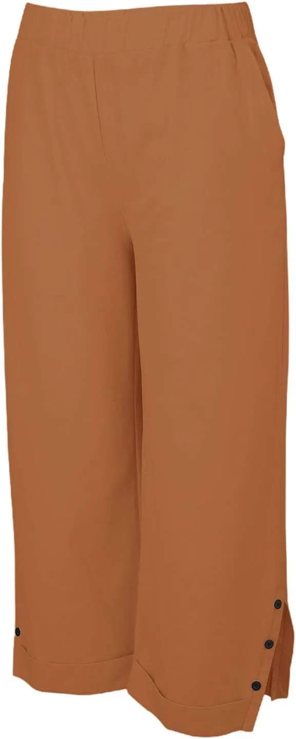 Cropped Linen Pants Women Summer Elastic Waist Straight Leg Plus Size Crop Pants Casual Beach Trousers with Pockets