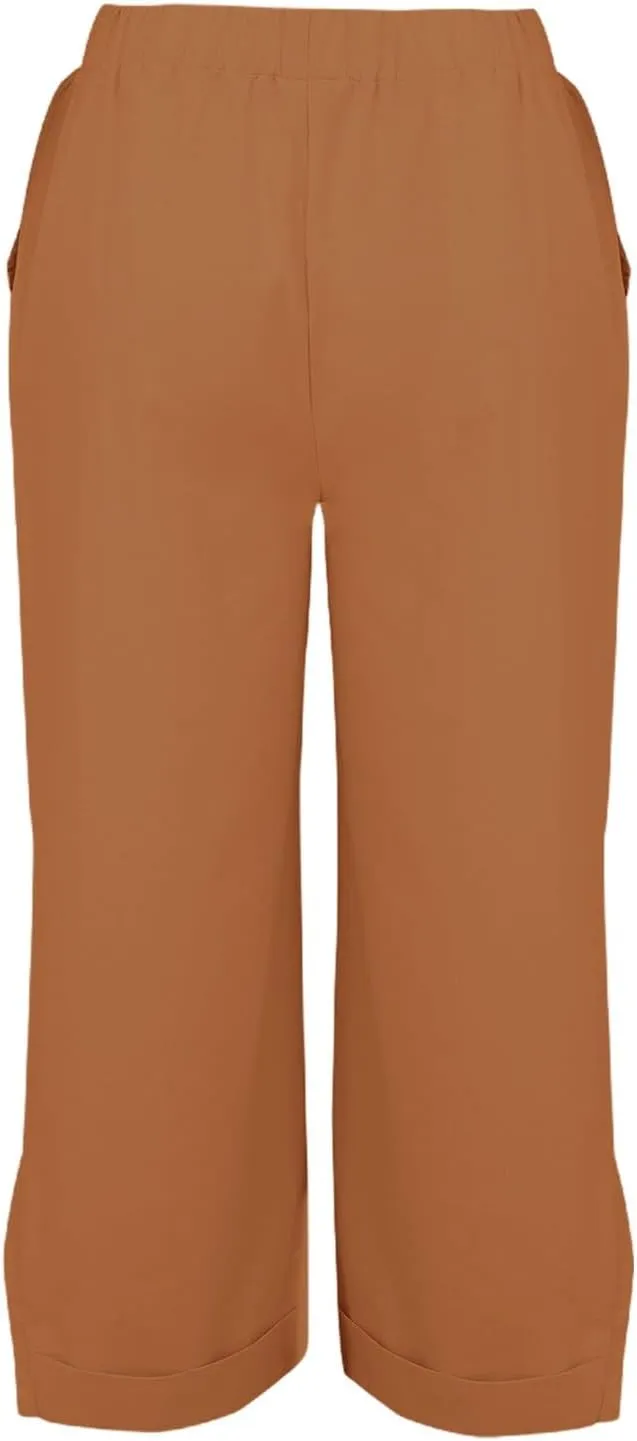 Cropped Linen Pants Women Summer Elastic Waist Straight Leg Plus Size Crop Pants Casual Beach Trousers with Pockets