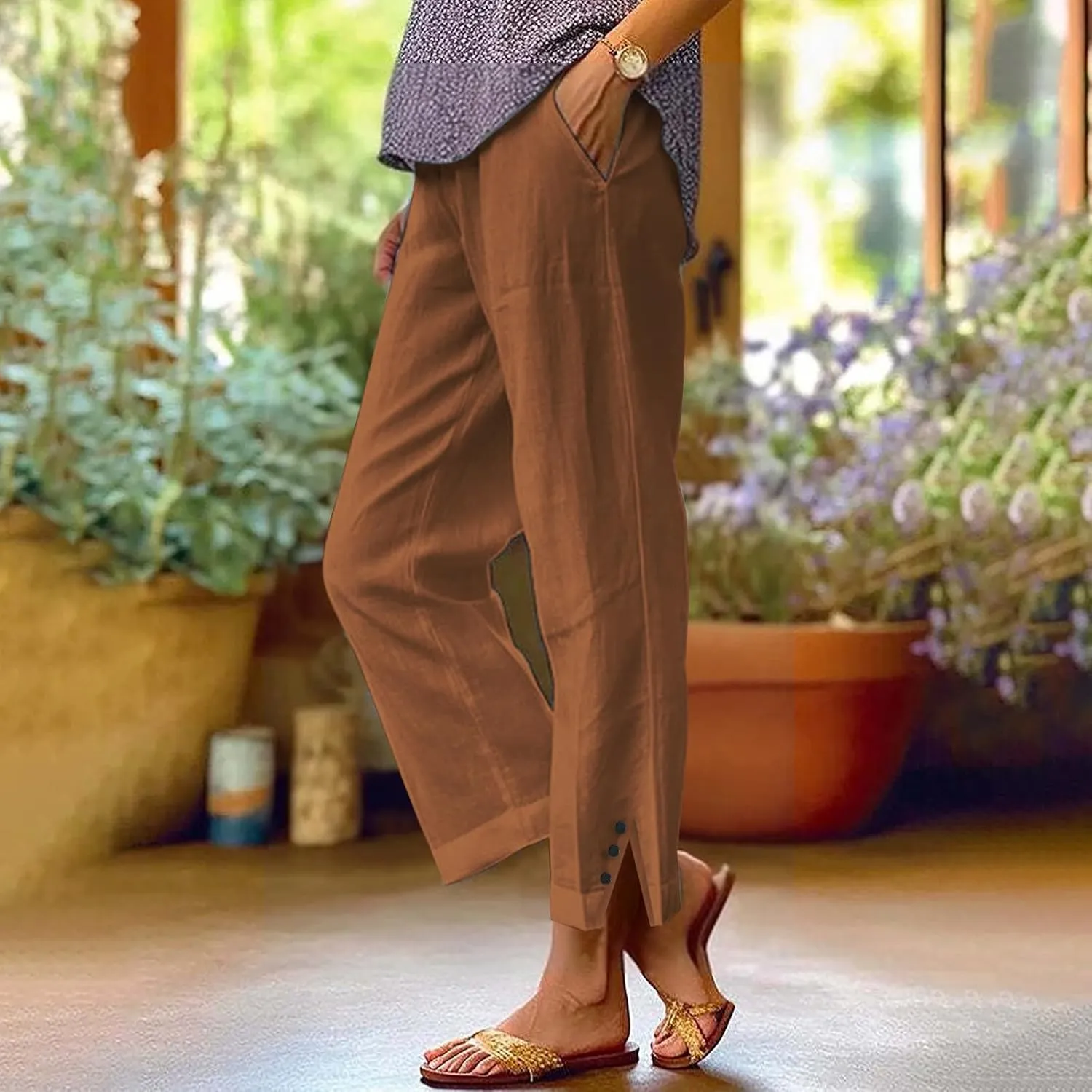 Cropped Linen Pants Women Summer Elastic Waist Straight Leg Plus Size Crop Pants Casual Beach Trousers with Pockets
