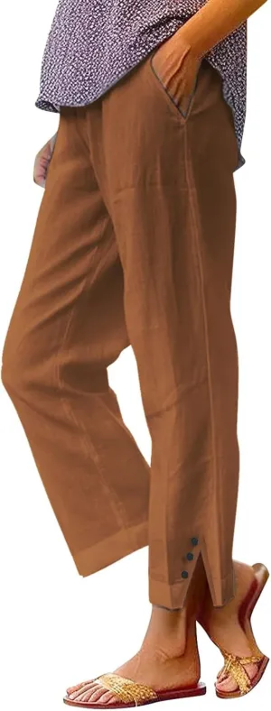 Cropped Linen Pants Women Summer Elastic Waist Straight Leg Plus Size Crop Pants Casual Beach Trousers with Pockets