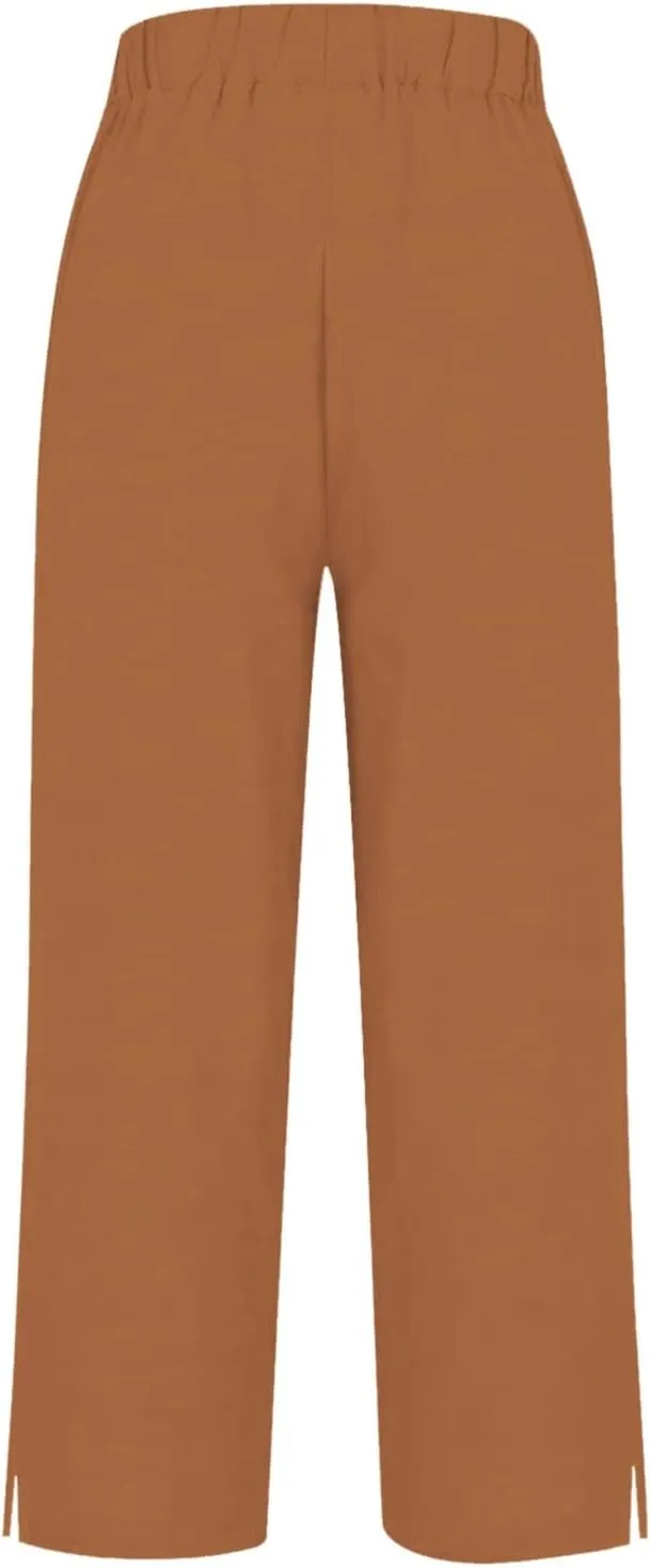 Cropped Linen Pants Women Summer Elastic Waist Straight Leg Plus Size Crop Pants Casual Beach Trousers with Pockets