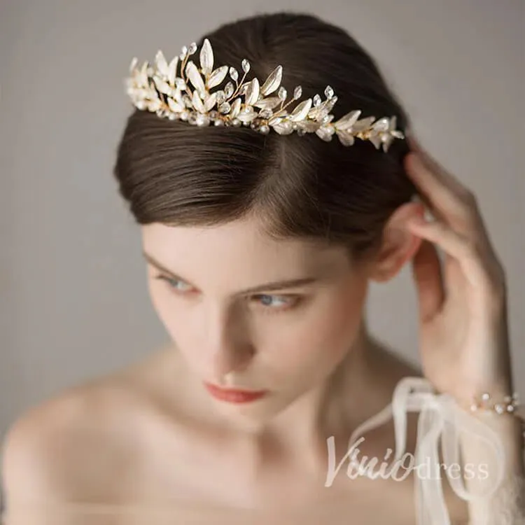 Crystals and Pearls Gold Tiaras with Leaves Viniodress AC1088